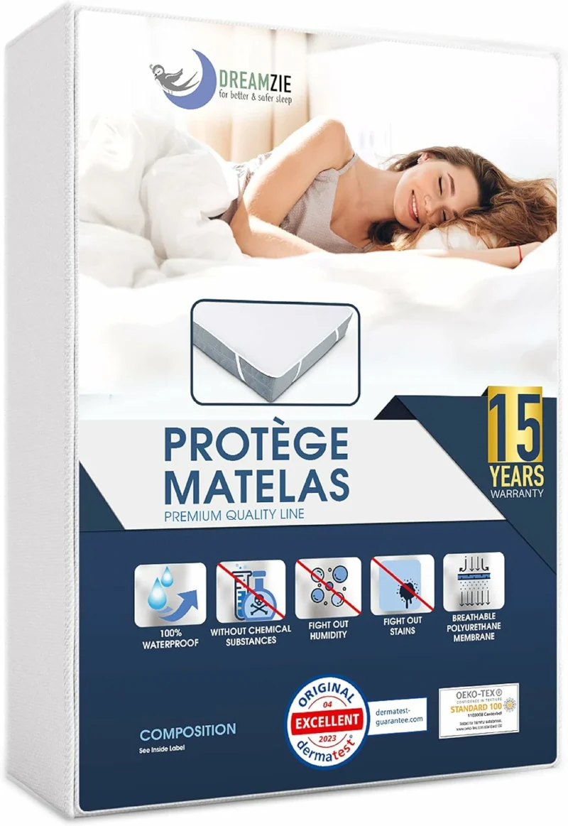 Protege Matelas 160x200 cm Imperméable Oeko TEX par Dreamzie - Alese 160x200 en Coton Respirant avec 4 Coins Elastiques