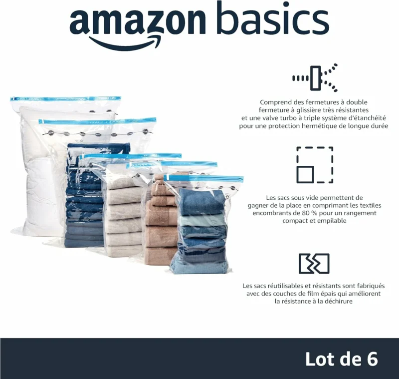 Amazon Basics Lot de 6 housses de rangement sous vide avec pompe manuelle - Jumbo Transparent , Bleu, Fermeture éclair