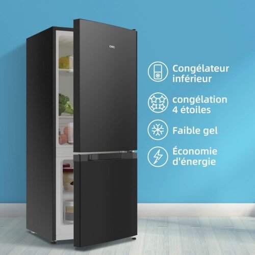 CHIQ Réfrigérateur congélateur bas 117 litres, 39dB, Commande électronique, Acier noir, Rangement de tri, Dégivrage manuel facile