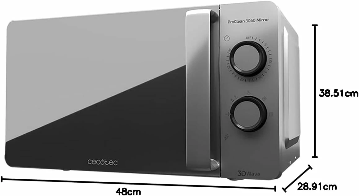 Cecotec Micro ondes ProClean 3060 Gray Mirror. Capacité de 20 L, Revêtement Ready2Clean, 700 W de Puissance, 6 Niveaux de Fonctionnement, Minuterie 30 minutes, Finition Argenté 1