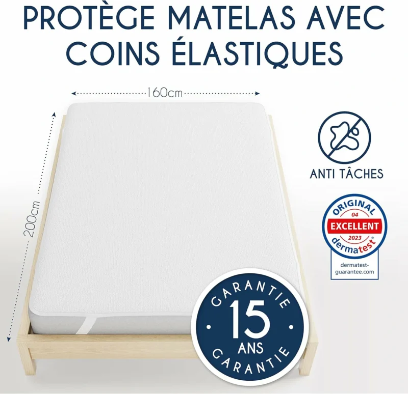 Protege Matelas 160x200 cm Imperméable Oeko TEX par Dreamzie - Alese 160x200 en Coton Respirant avec 4 Coins Elastiques